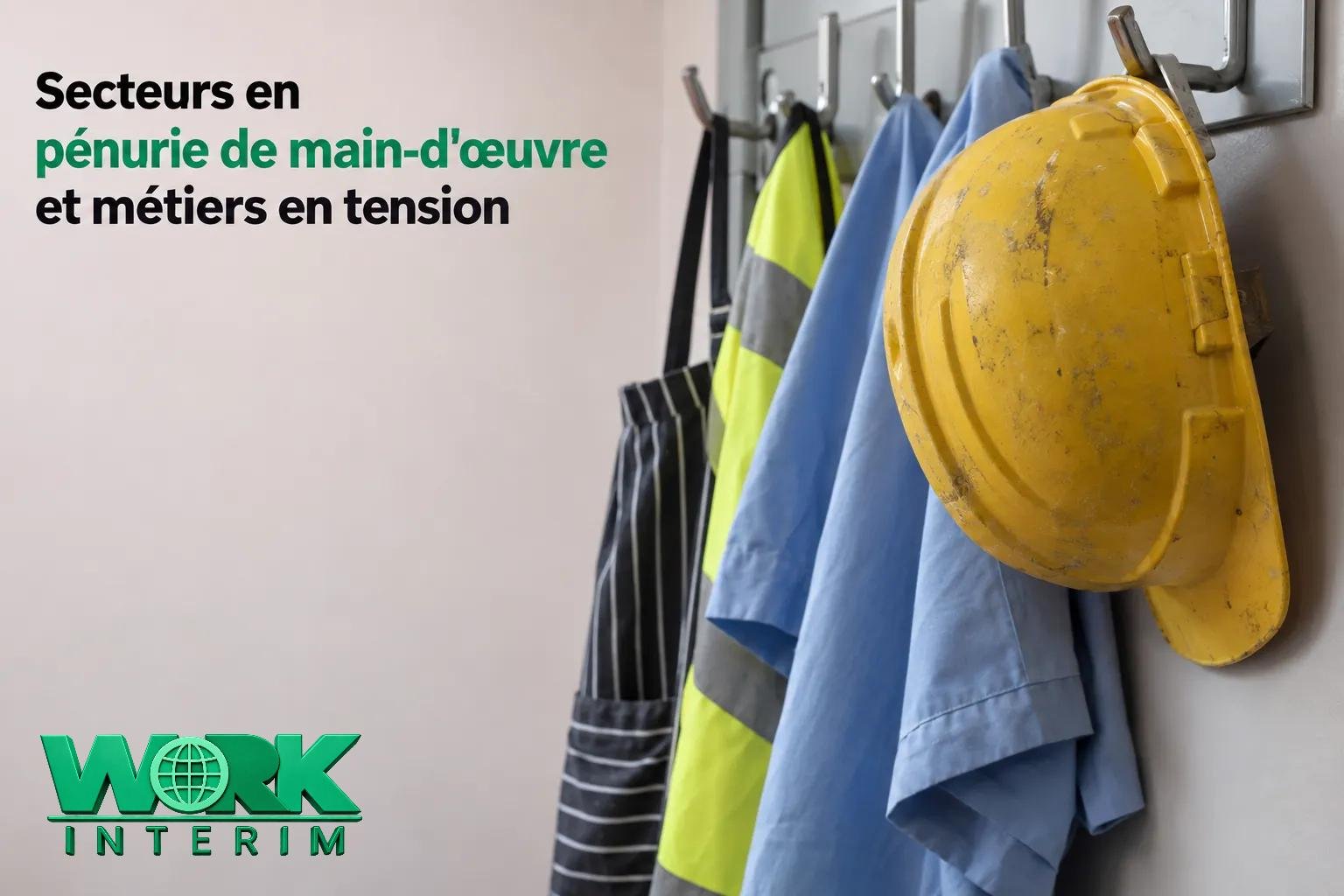 Veste et tenue de travail suspendues avec un casque jaune à côté dans une zone de vestiaires.