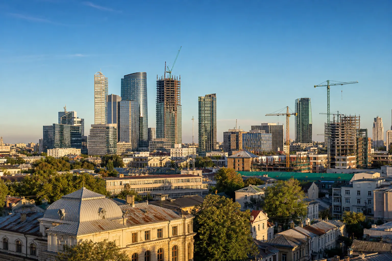 Vue panoramique de Bucarest avec horizon de gratte-ciel modernes et zones en construction, montrant les secteurs d'activité en roumanie en plein développement.