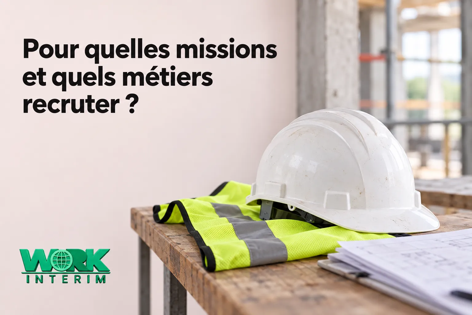 Casque de sécurité et gilet haute visibilité posés sur un plan de travail de chantier.