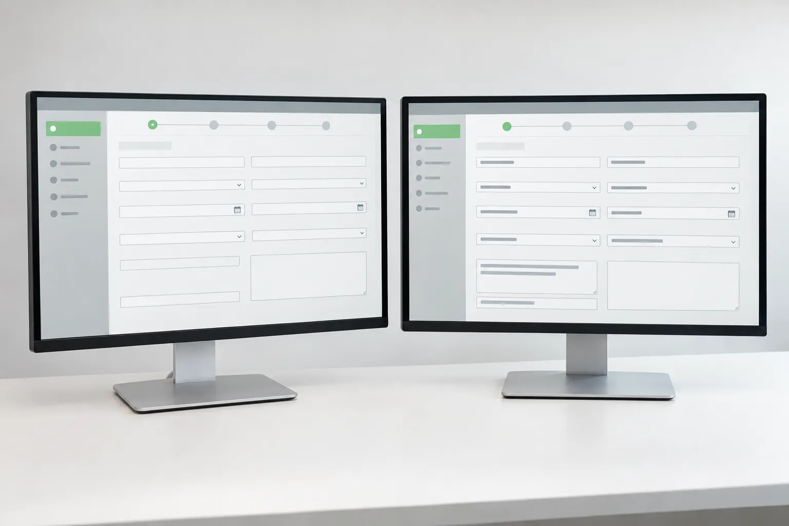 Deux écrans d’ordinateur affichant une interface de formulaire en ligne.