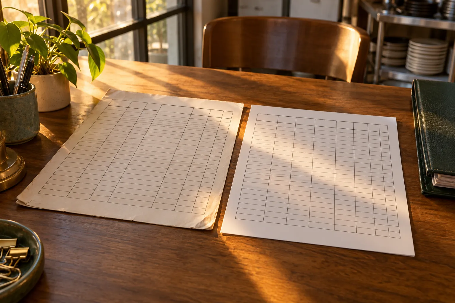 Deux feuilles de papier à grille posées sur une table en bois, éclairées par la lumière naturelle.