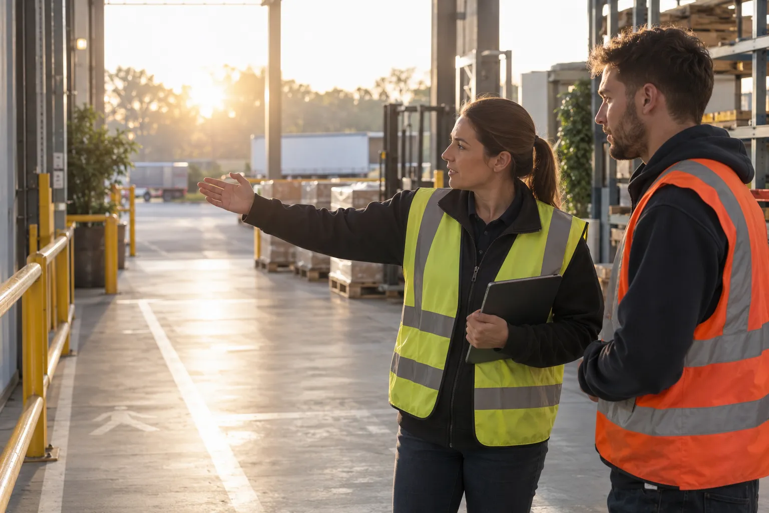 Deux personnes en gilet réfléchissant discutent dans un espace industriel, l’une pointant du geste vers l’avant et l’autre