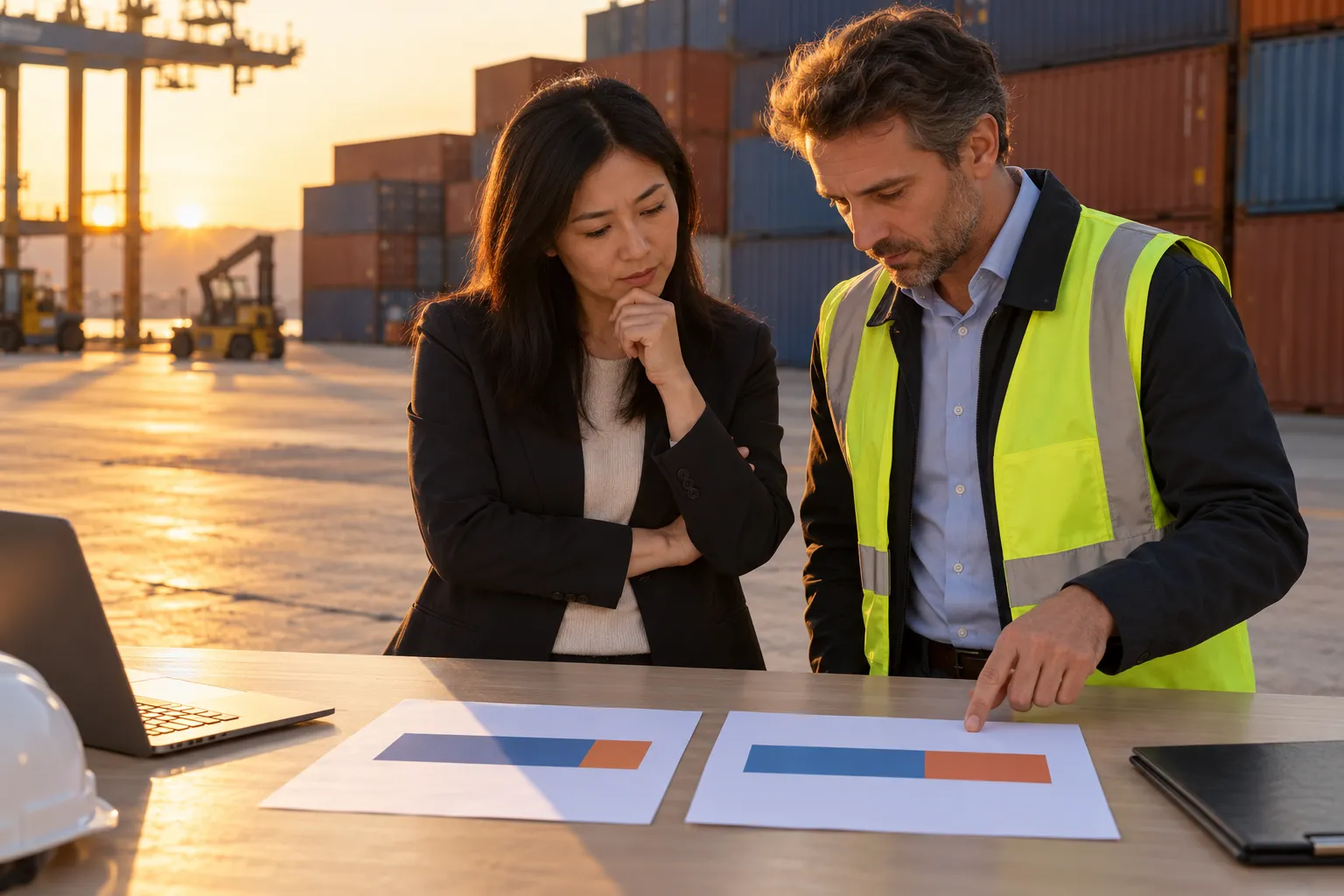 Deux professionnels examinent des graphiques sur des documents posés sur une table en extérieur.