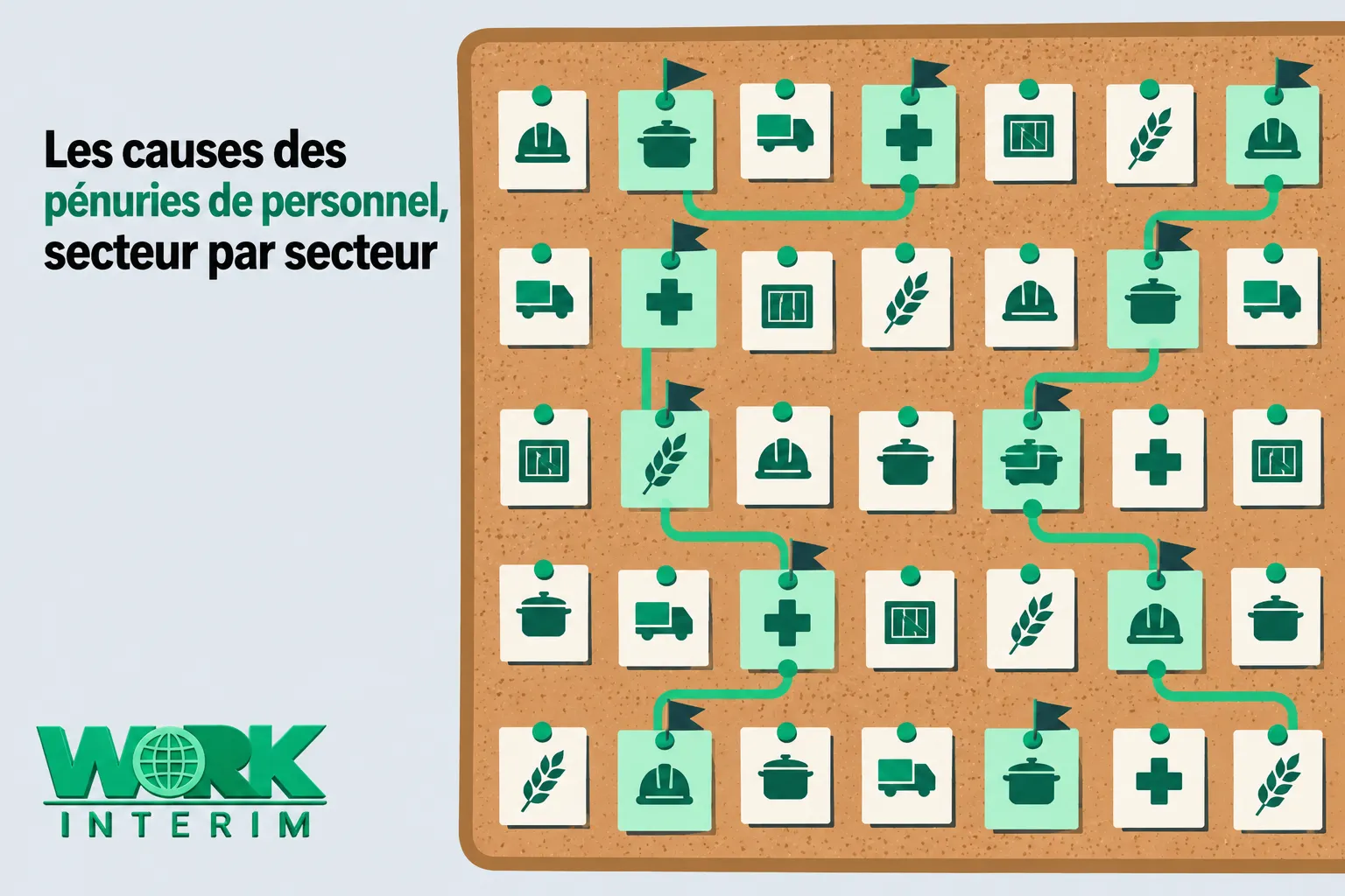 Diagramme illustrant les causes des pénuries de personnel par secteur, avec des pictogrammes représentant des métiers et des
