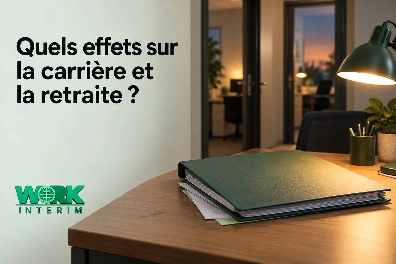 Un dossier vert repose sur un bureau dans un espace de travail.