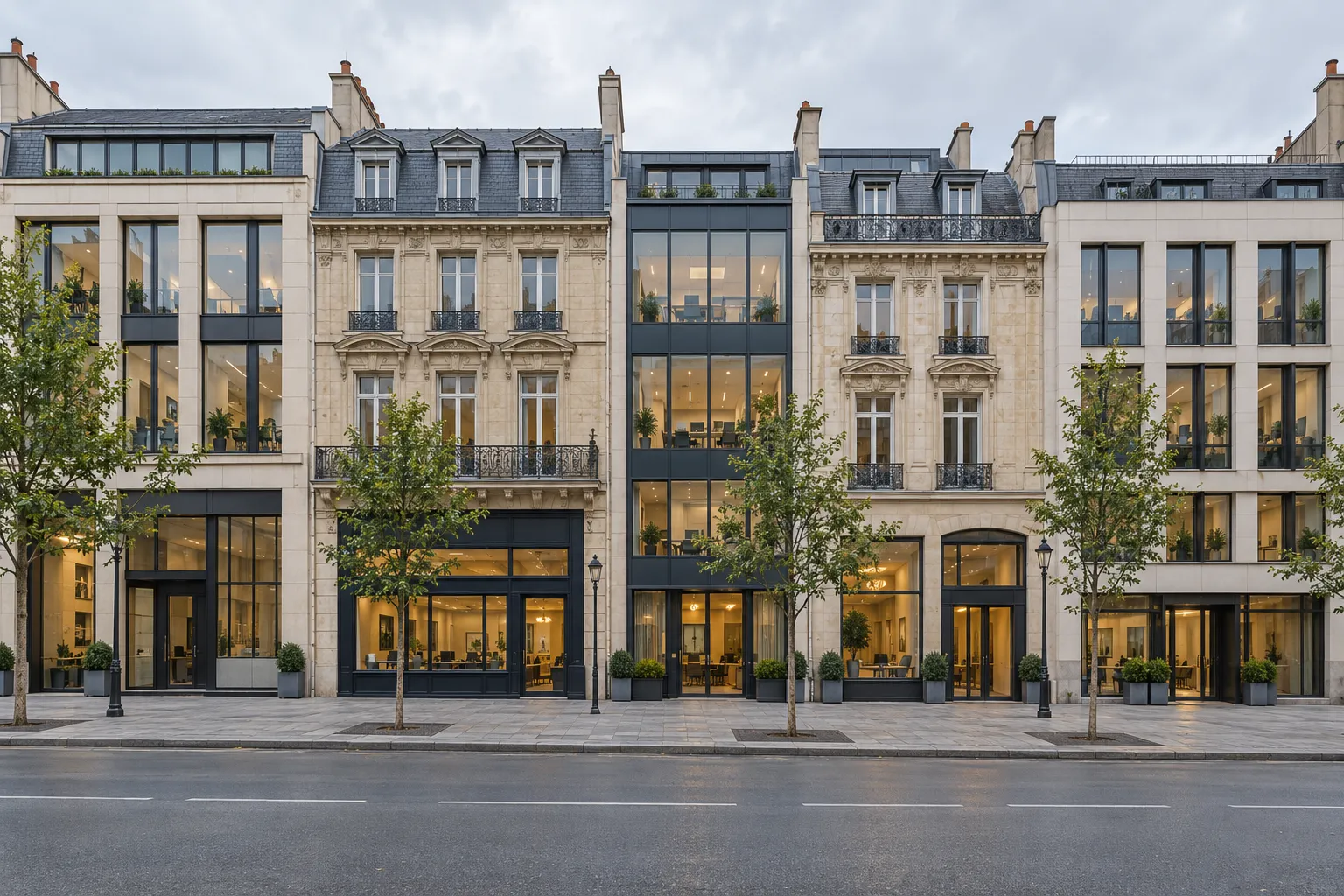 Façade de plusieurs bâtiments modernes et anciens alignés sur une rue, avec vitrines et arbres en façade.