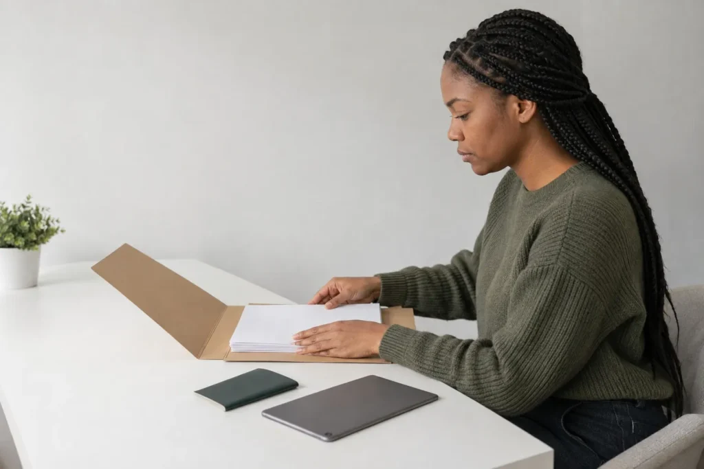 Une femme assise à une table, en train d organiser des documents dans une chemise brune.