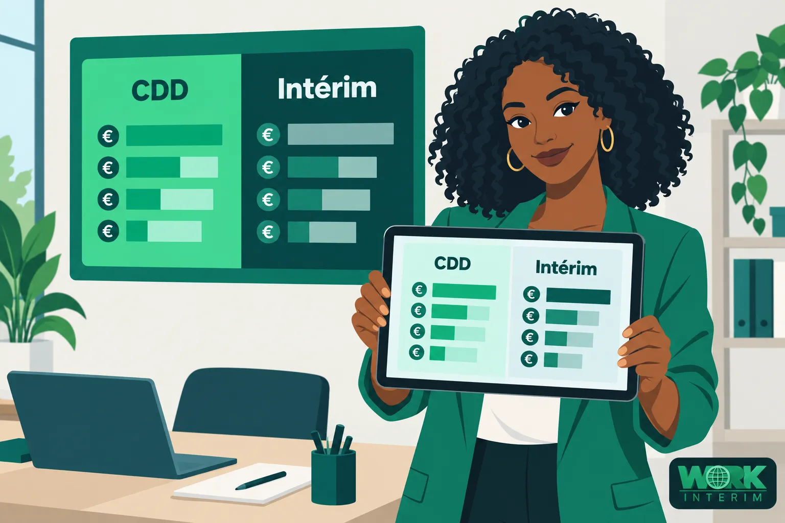 Une femme présente une tablette montrant des comparatifs CDD et Intérim dans un bureau.