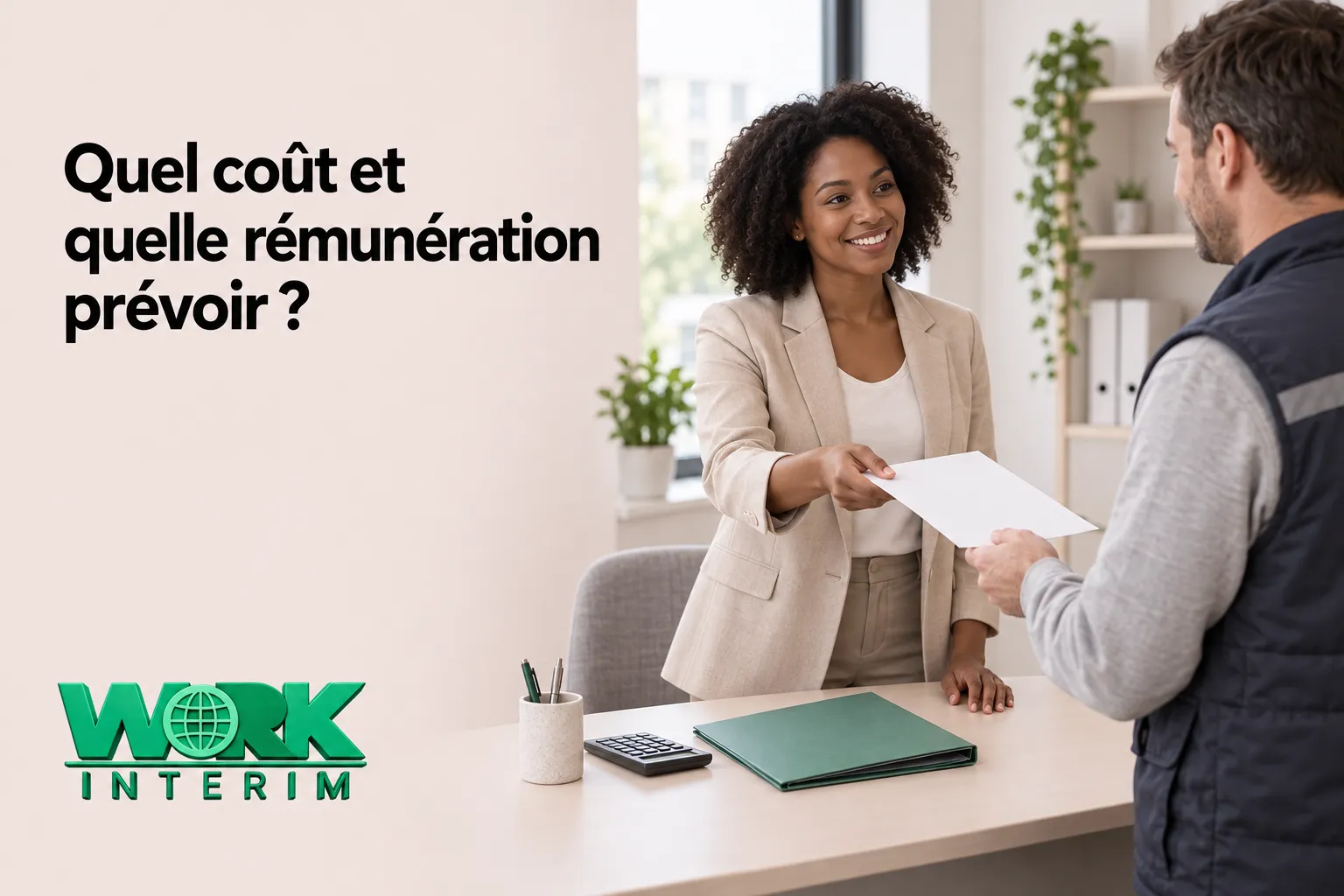Une femme en tenue chic tend la main avec un document à un homme dans un bureau.