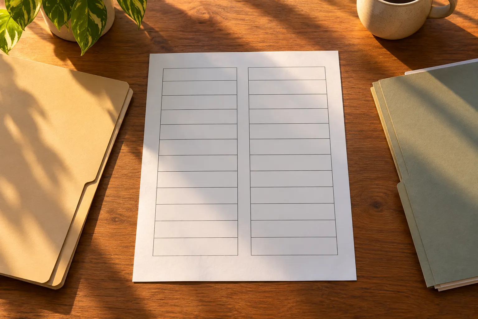 Une feuille blanche recto verso avec deux colonnes de lignes, posée sur une table en bois près d’un carnet et d’un mug.