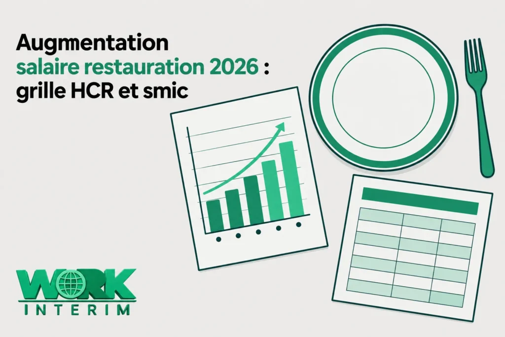 Graphique illustrant l’augmentation du SMIC en 2026 et une grille de salaire HCR avec un plateau et des flèches montantes.