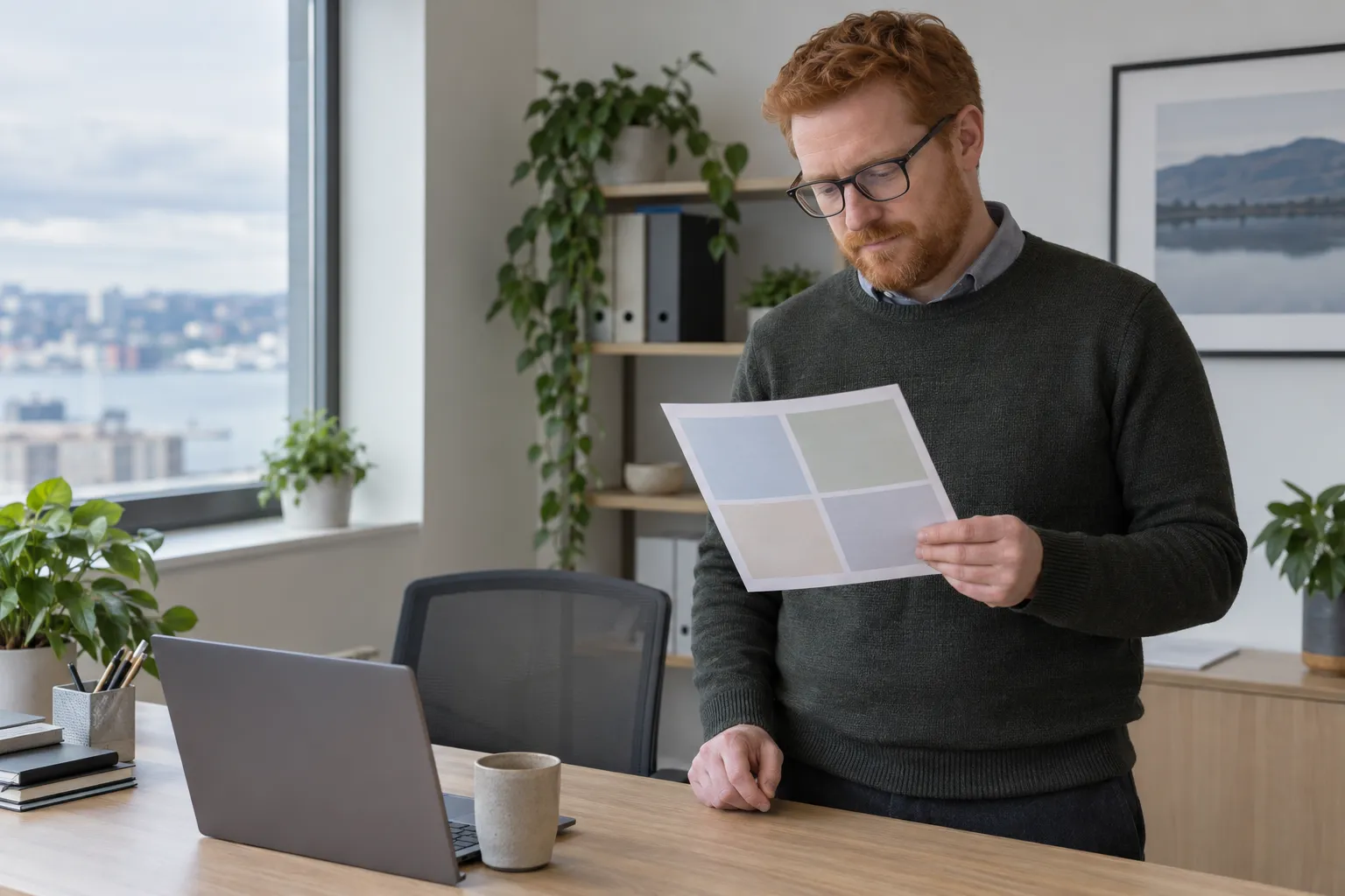 Un homme debout dans un bureau lit un document coloré tenu devant lui près d’un ordinateur portable.