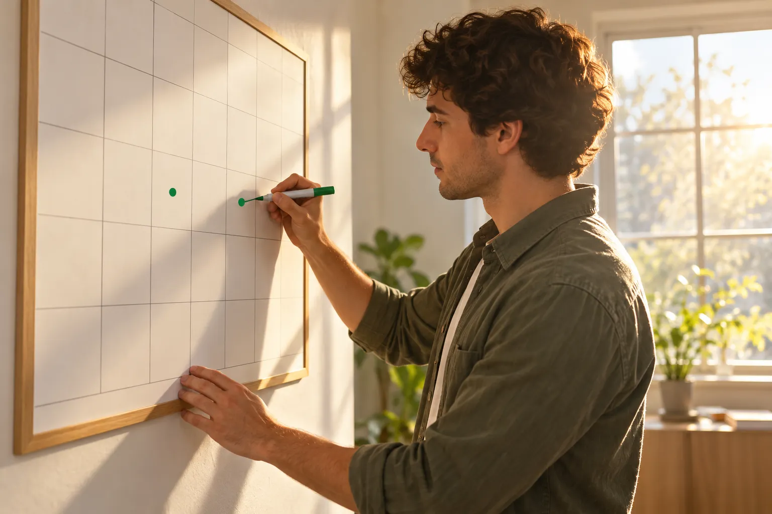 Homme dessine des points sur un grand calendrier mural blanc avec un marqueur vert.
