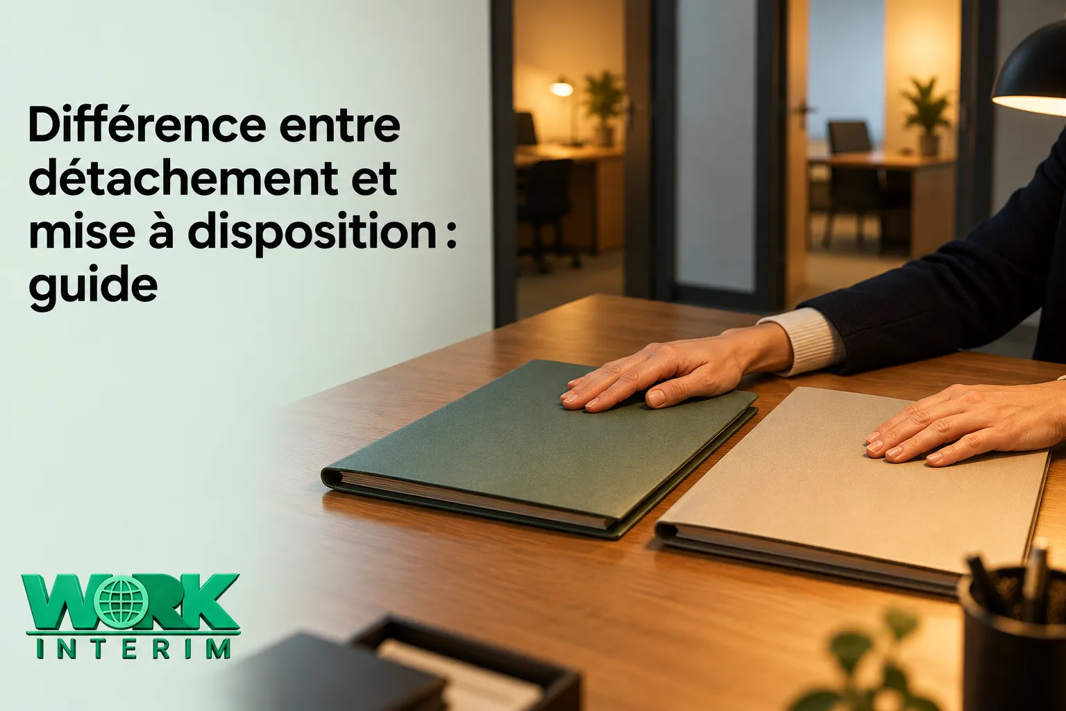 Une personne pose les mains sur deux dossiers fermés, côte à côte sur un bureau.