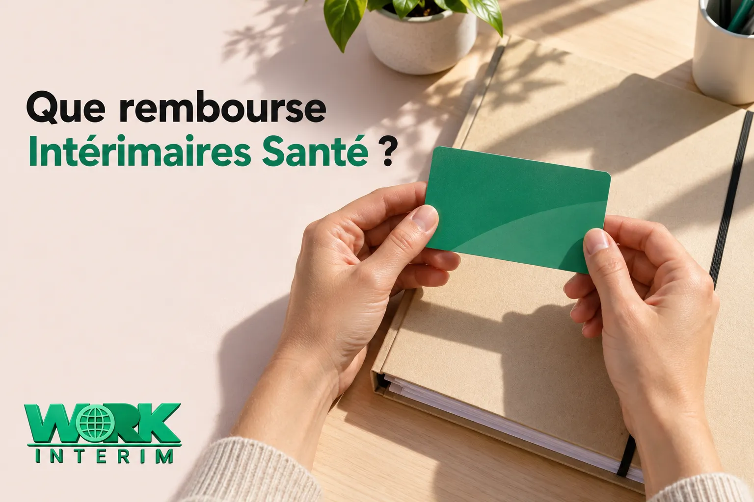 Une personne tient une carte verte devant un carnet posé sur une table.