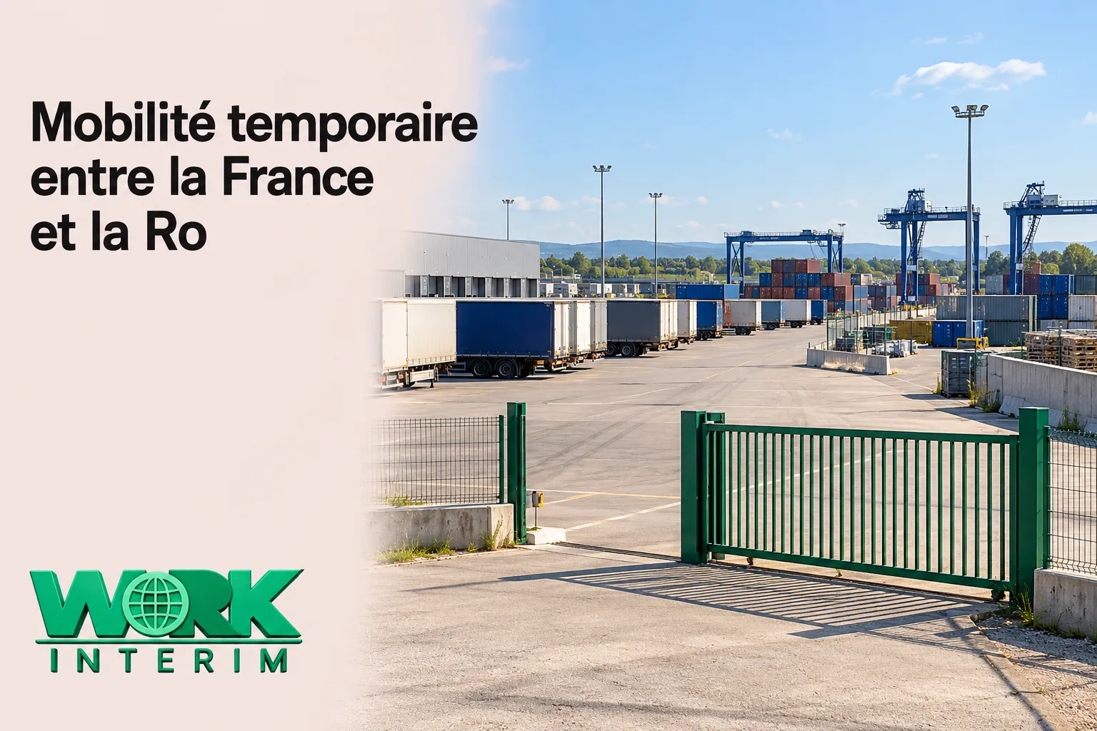 Un portail vert ouvre sur une plateforme logistique avec des camions, des conteneurs et des grues.