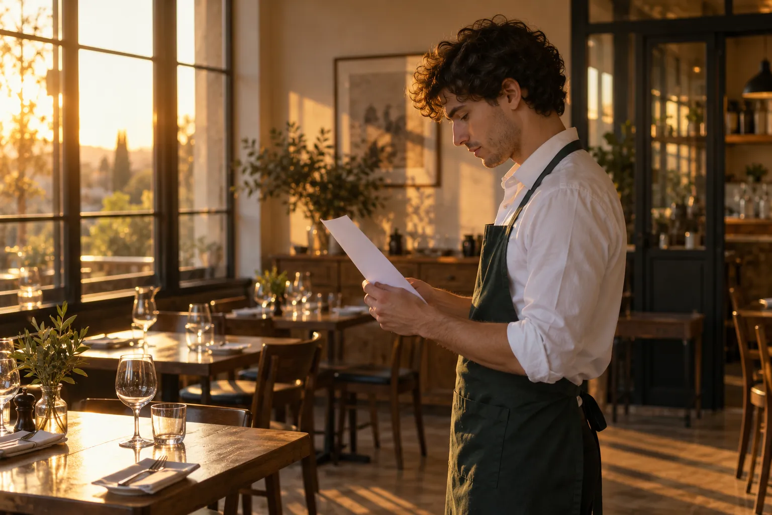 Un serveur en tablier vert lit une feuille dans une salle lumineuse de restaurant.