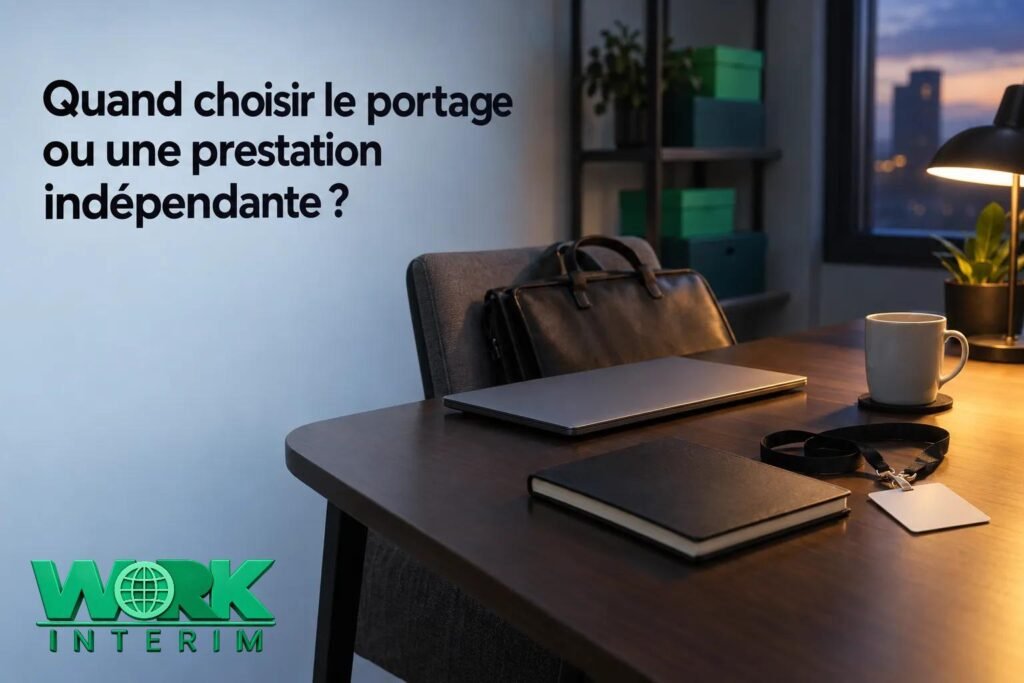 Une vue d’un bureau avec une table en bois, un sac et un carnet posés dessus, et une tasse près d’une lampe sur fond de